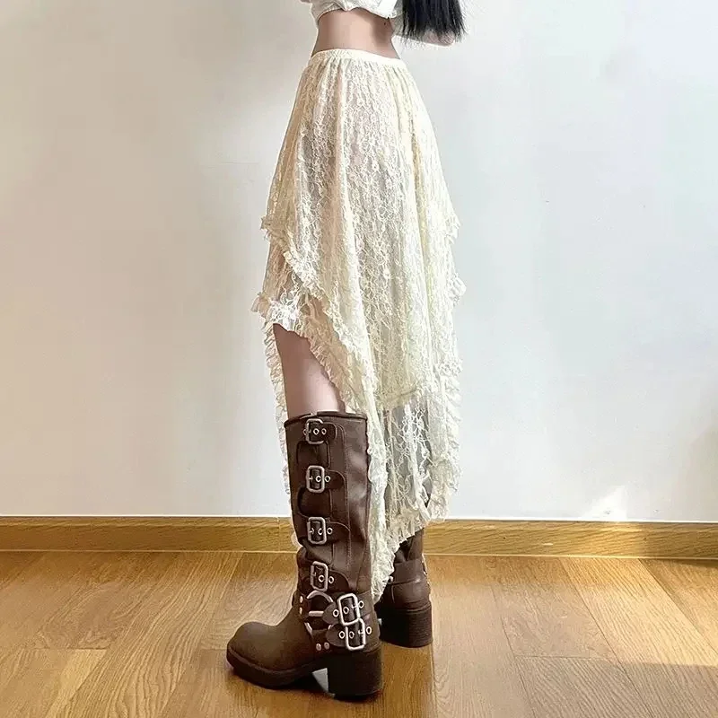 

Lace Layered Skirt Vintage Y2K Boho Skirt Pants Fashion High Waist Asymmetrical A-line Skirt 2025 Korean Style Women's Clothing