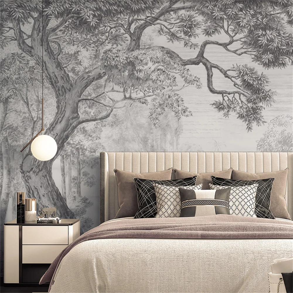 Customized mural 3D black and white tree wallpapers modern retro nostalgic forest sofa background wall decoration painting mural