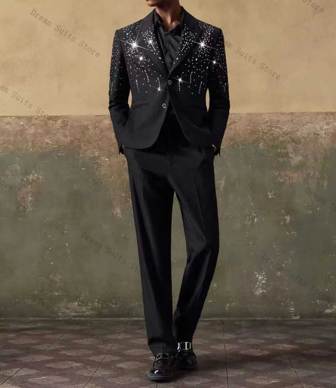

Black Crystals Beaded Men Suit Set 2 Pieces Blazer+Pants Trousers Formal Office Coat Autumn Wedding Tuxedo Customized Jacket