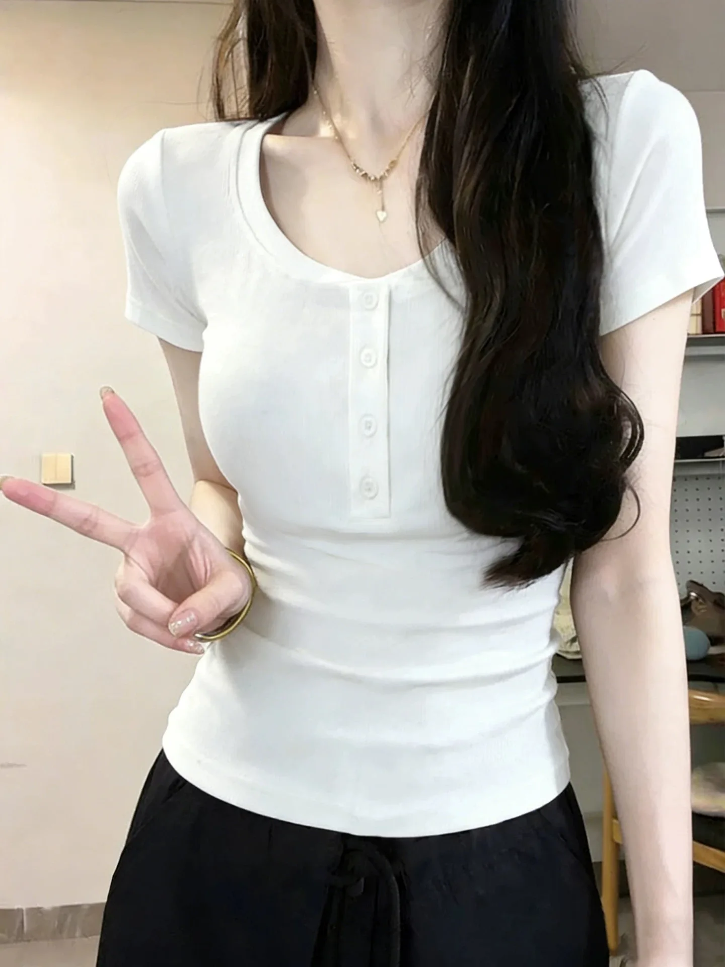 

Summer Women's V-neck Short-sleeve T-shirt 95 Cotton Button-up Slim Fit Base Layer Top Large Size plus Size Versatile Casual ...