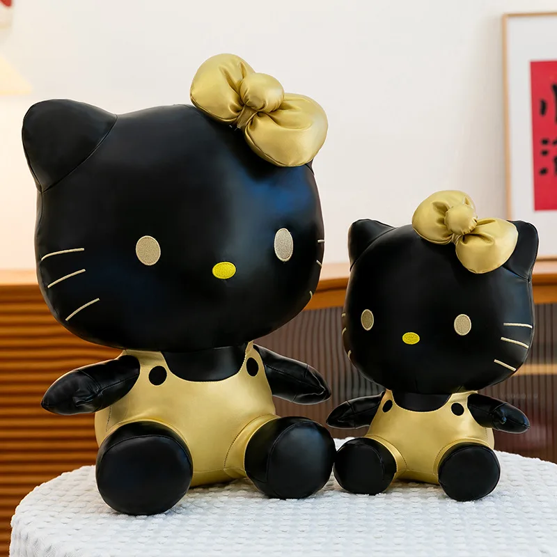 Sanrio pelúcia olá kitty brinquedo preto ouro couro gato boneca animal de pelúcia crianças aniversário presente de natal para meninas travesseiro fofinho presente