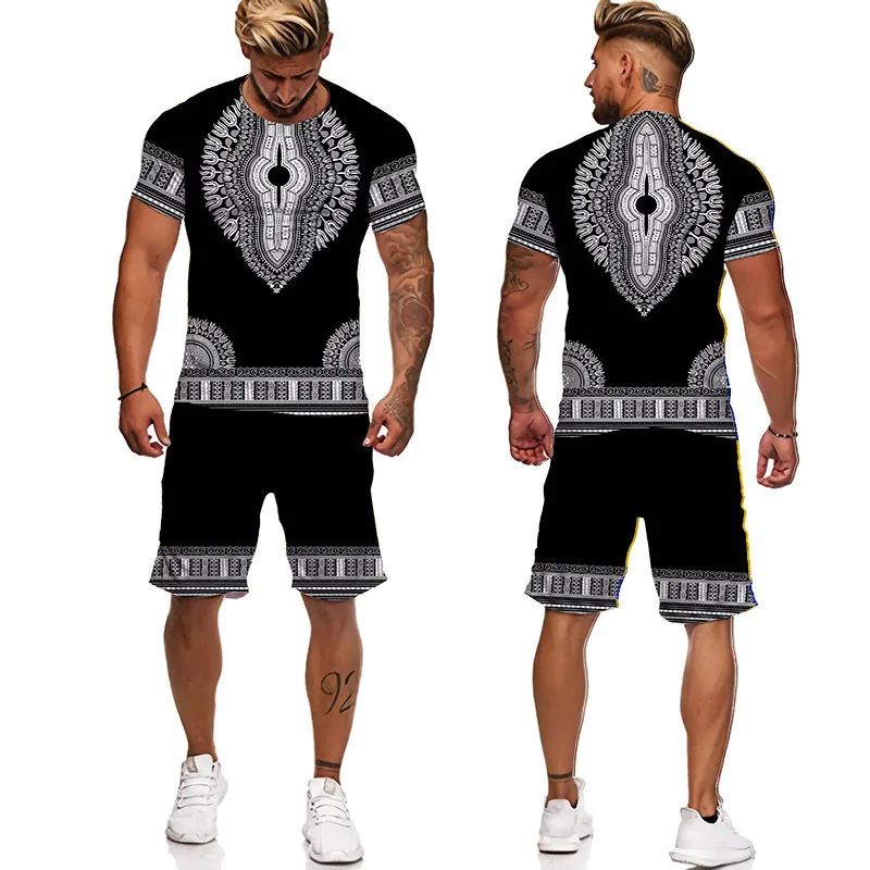 Summer African Ethnic Style Print Men\'s T Shirt+Shorts 2PCS Outfits Casual Shorts Sets 3D Oversized Man Clothes O-Neck Tracksuit