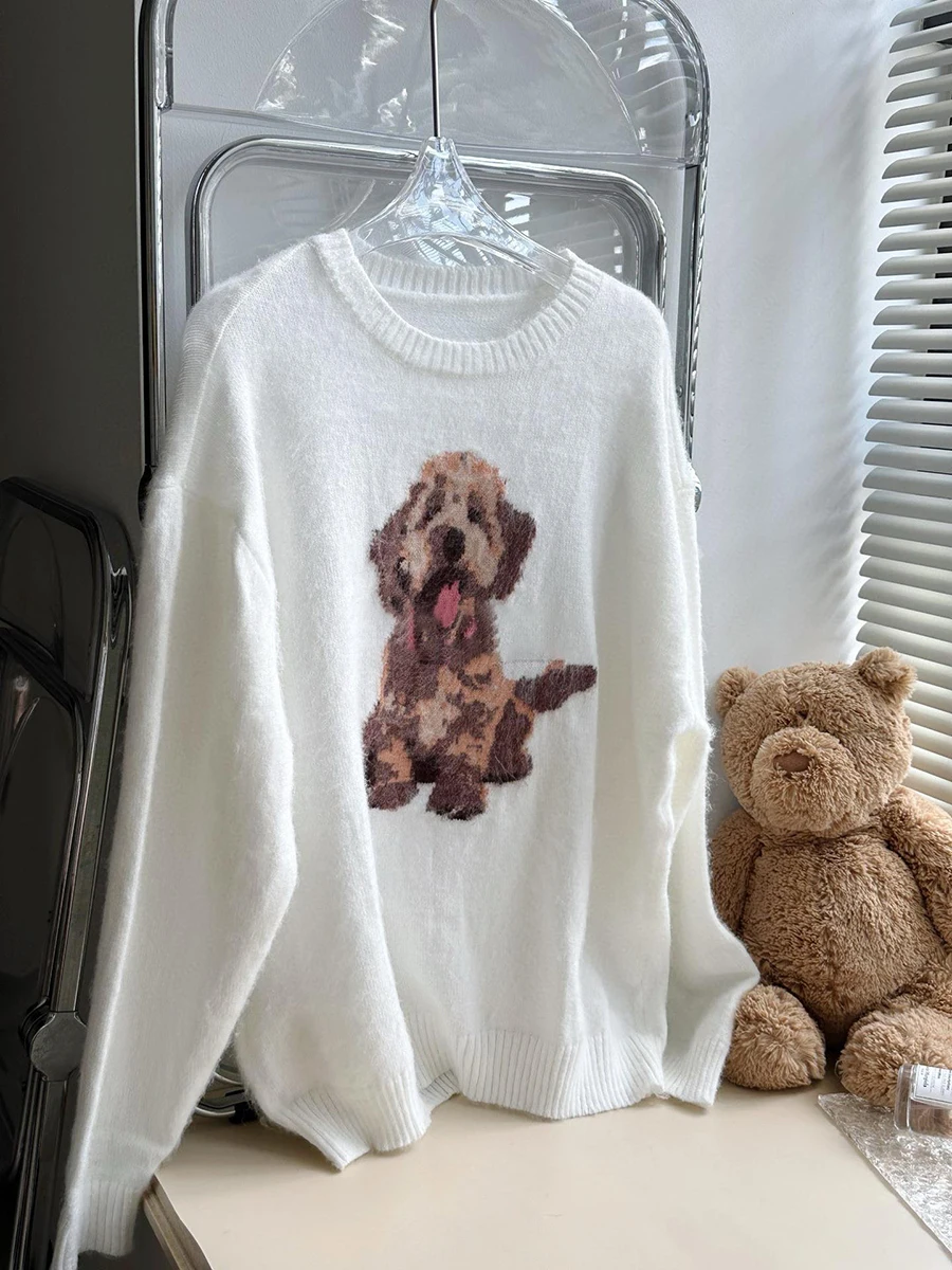 Puppy Jacquard Knit Sweater Woman Autumn O-Neck Long Sleeve Cotton Jumper Top Sweet Cute Fashion Streetwear Sweaters Y2k Tops