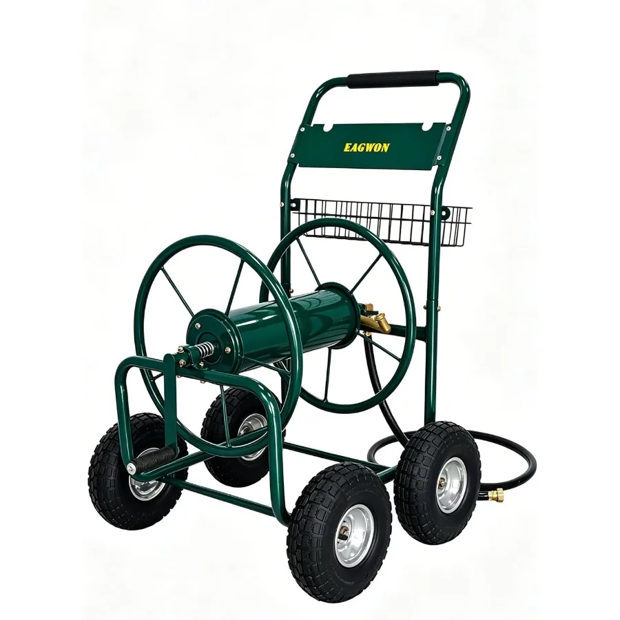 Upgrade Hose Reel Cart, 4-Wheel Heavy Duty Steel Garden Hose Cart, Holds Up to 300 ft 5/8'' Hose, with Hose Guide and Storage B