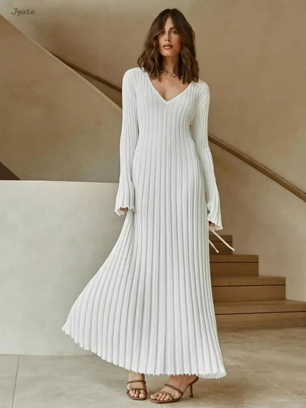 Imagem -05 - Vestido de Algodão Plissado de Manga Comprida para Mulheres O-neck Pit Stripe Fino Monocromático Básico Simples Robe com Nervuras Outono Inverno 2023