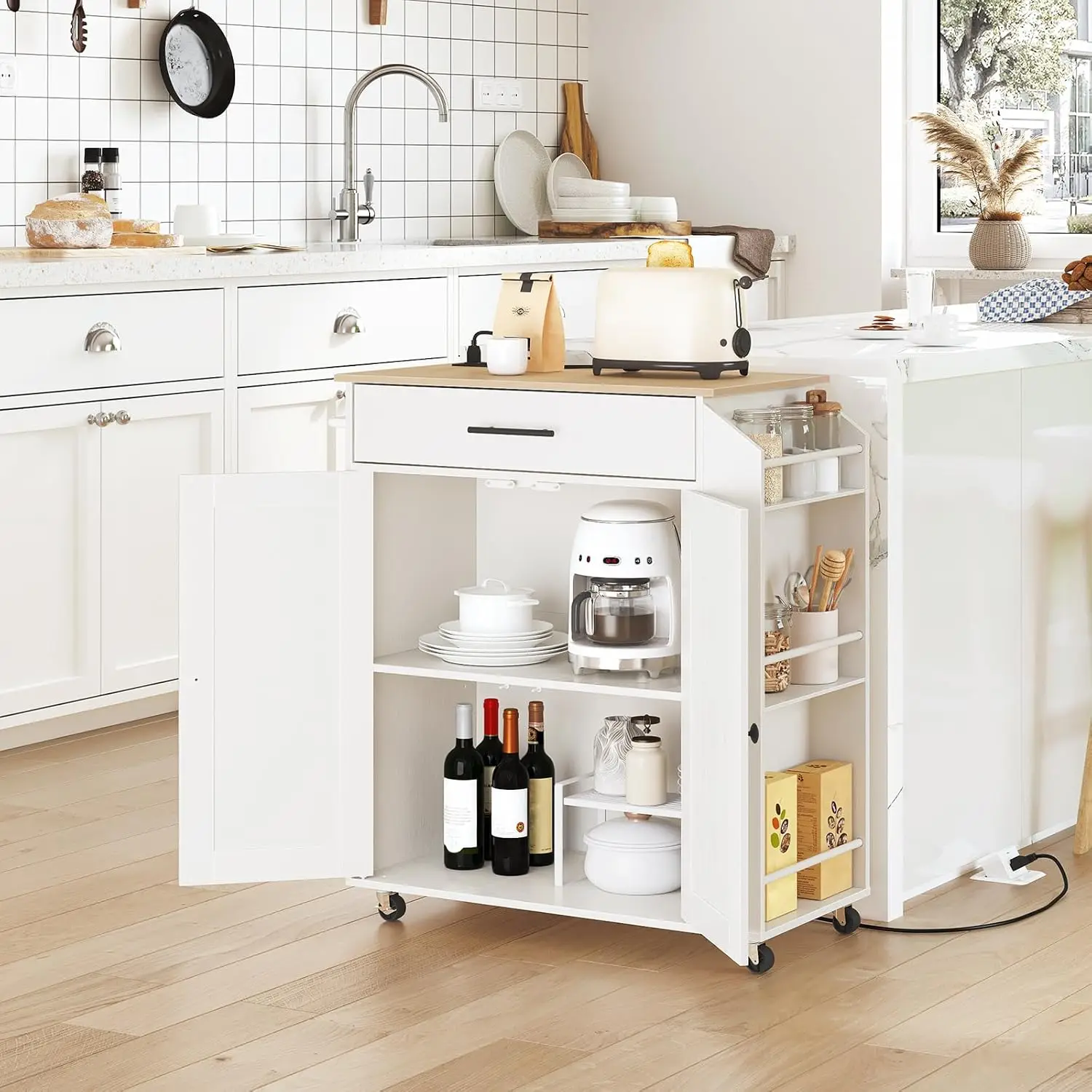 Kitchen Island with Power Outlet, Kitchen Storage Island with Spice Rack and Drawer, Rolling Kitchen Cart on Wheels