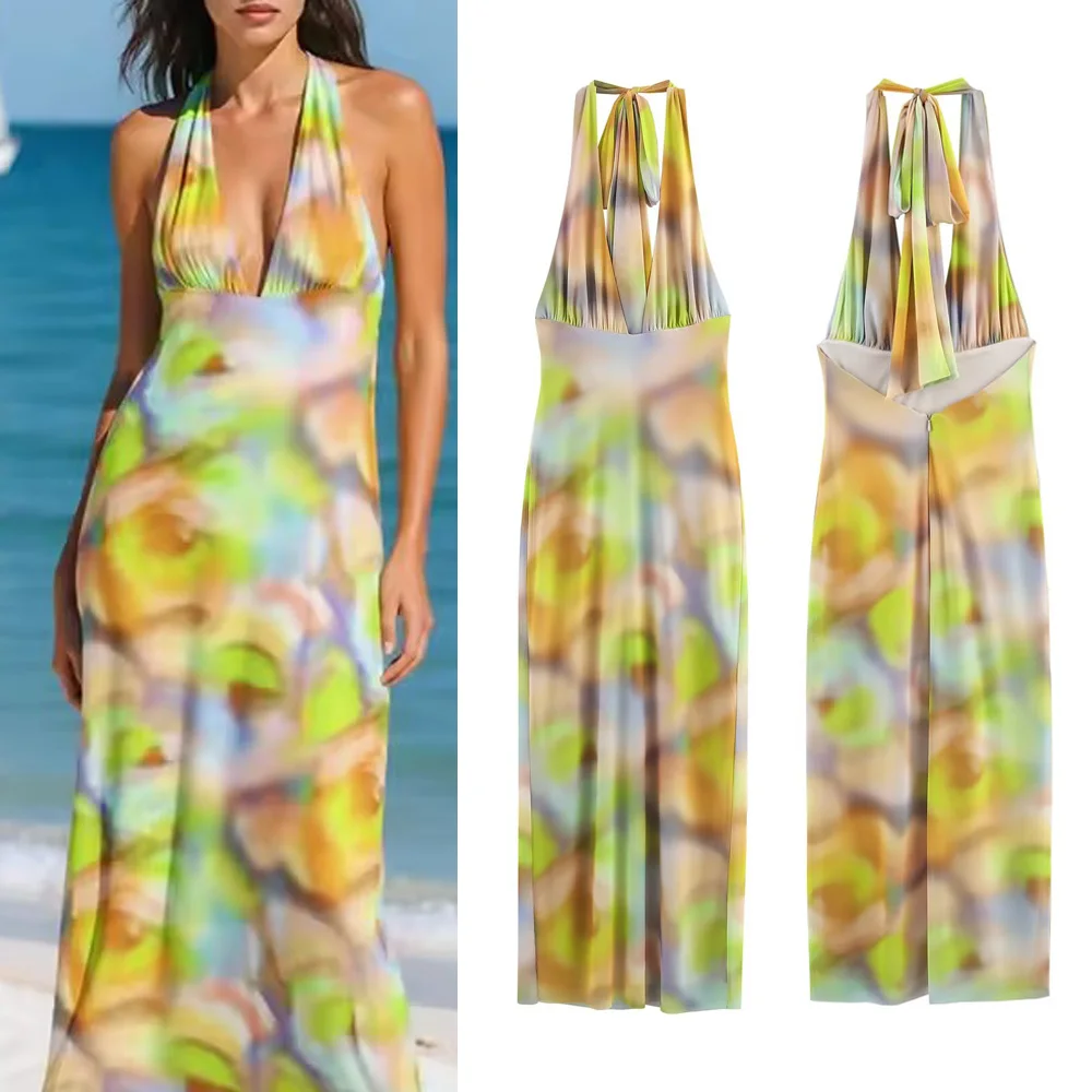 2023 neue Dünnes Kleid Frau V-ausschnitt Gedruckt Neckholder Kleid Frauen Sommer Ärmelloses MIDI Kleid Frau Midi Kleider