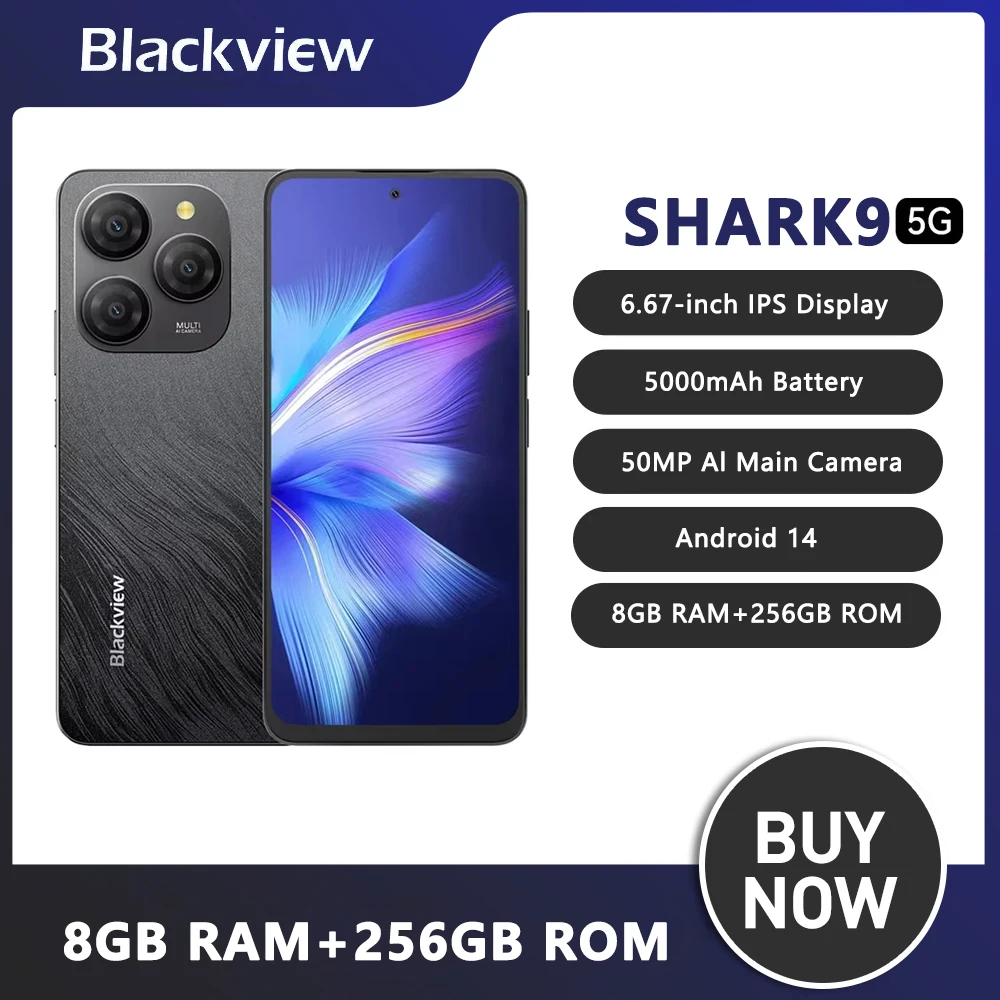 Blackview shark 9 5g smartphone android 14 octa core 8gb + 256gb 50mp câmera ai 5000mah 18w 6.67 ''hd + 90hz display celular nfc