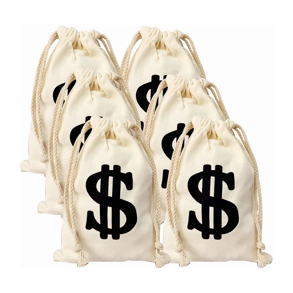 

6 Pcs Decorate Dollar Sign Money Bag Cotton Storage Christmas Pouches Print Drawstring Treat