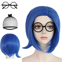 Synthetic Blue Sadness Wig【+Wig Cap+Glasses】Short Blue Bob Wigs Cosplay Wig Women Straight Blue Wig Costume Outfit Halloween