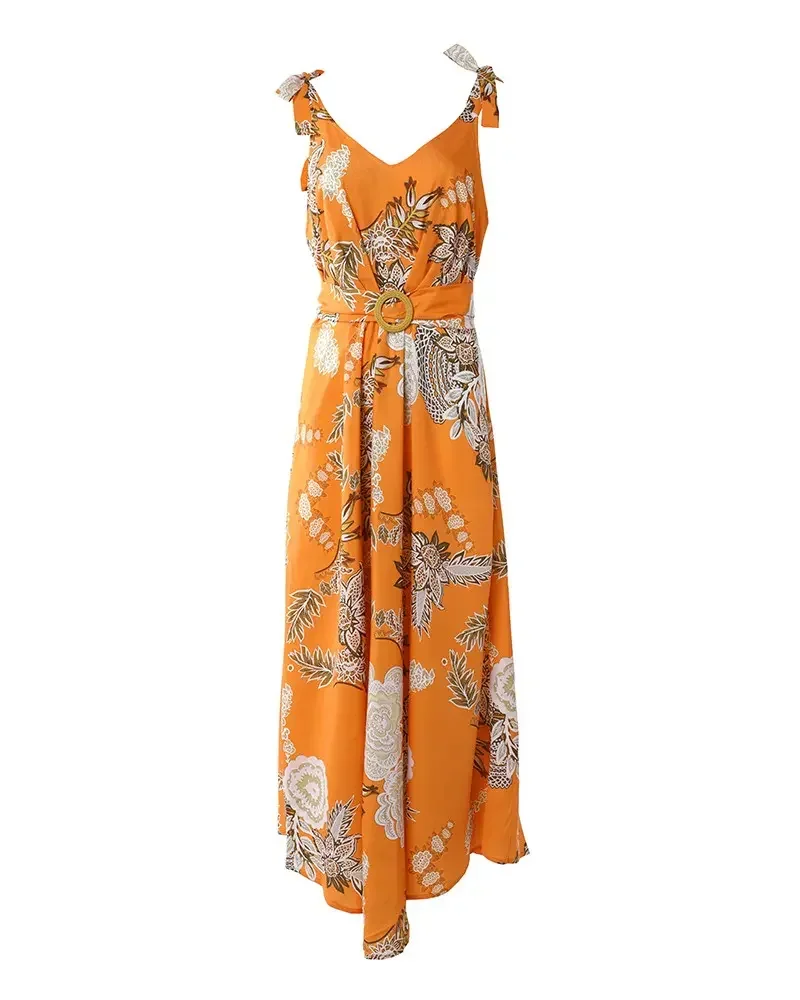 CPSYMYM Summer Woman Casual Chic V-Neck Floral Print Tied Detail Belted Design Sleeveless Maxi Vacation Dress