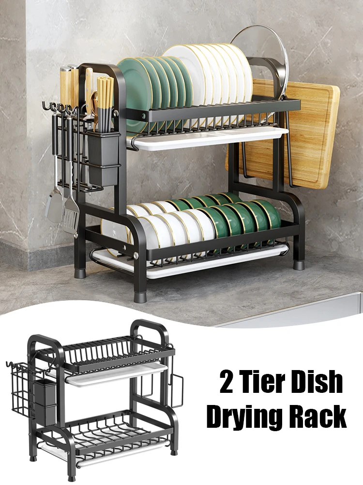 Dish Drying Rack 2-Tier Compact Kitchen Dish Rack Drainboard Set Large Rust-Proof Dish Drainer with Utensil Holder