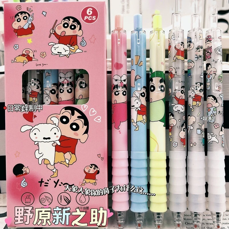 6Pcs Kawaii Crayon Shin-Chans Nohara Shiros Pressing Neutral Pen Signature Pen 0.5Mm Black St Pen Head Quick Drying Girls Gift