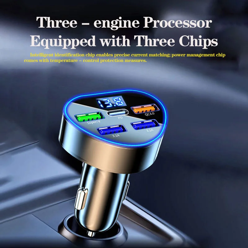 300W 5 Ports Car Charger Fast Charging PD/QC/SCP/FCP/AFC/PSS Car Cigarette Lighter Flash Charge with Digital Display