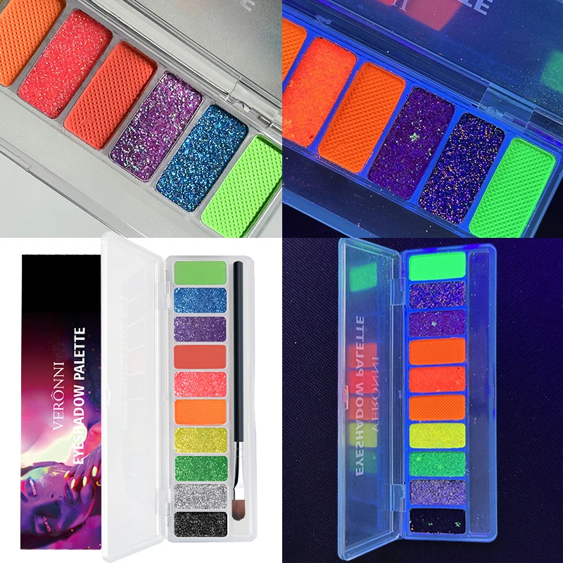 10 Colors Neon Glow in Bright Eyeshadow Palette Colorful Eye Makeup Pigmented Eye Shadow Pallet Matte Shimmer Glitter Cosmetic