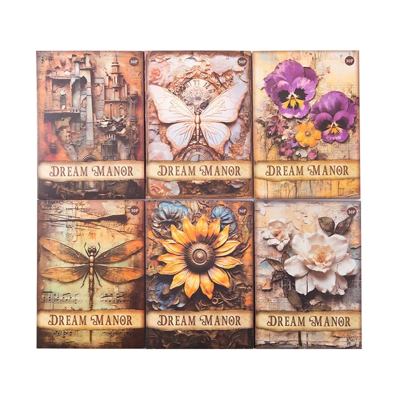 30Pieces Material Paper Dream Manor Notepad Retro Handwriting Simulation Notebooks Decoration Handbook Scrapbook  178*115MM
