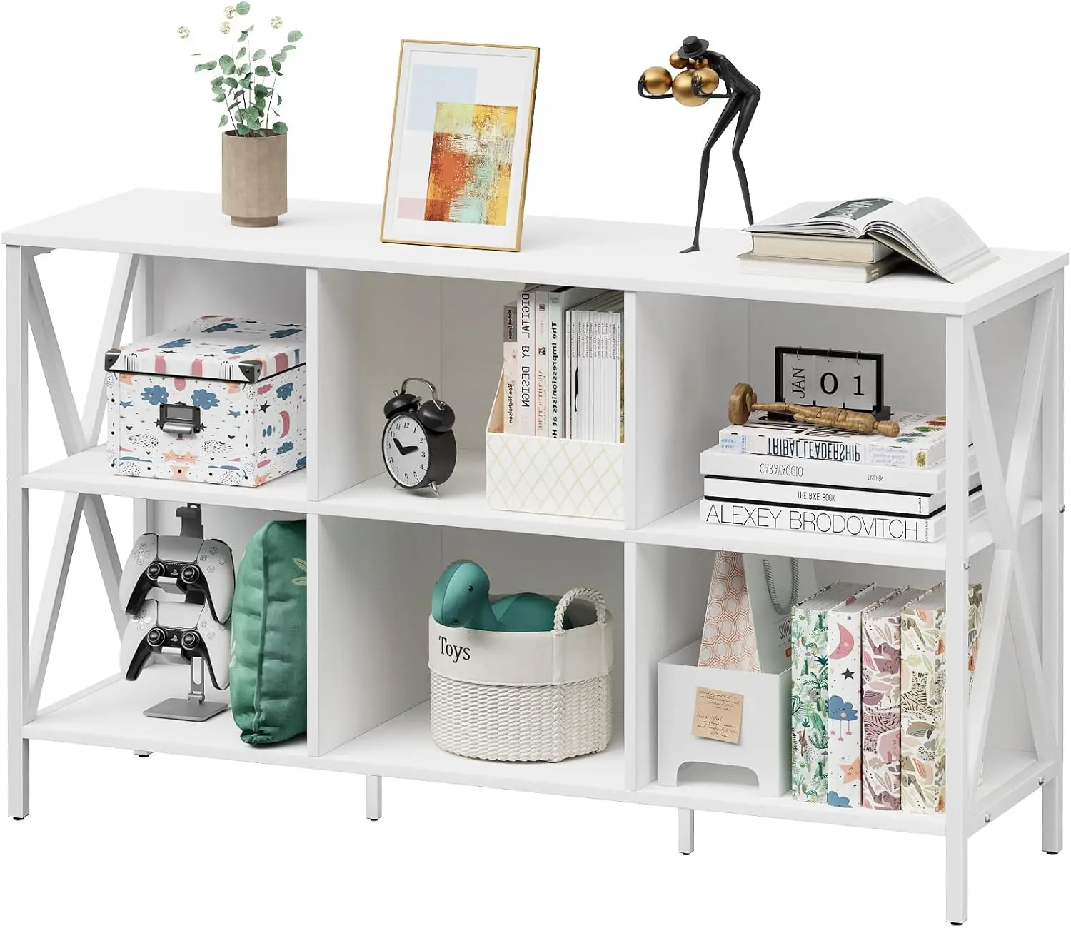 Horizontal Bookshelf Bookcase,6 Cube Storage Organizer with Open Shelf,47 Inch Industrial Low Wide Wood and    Cubby She