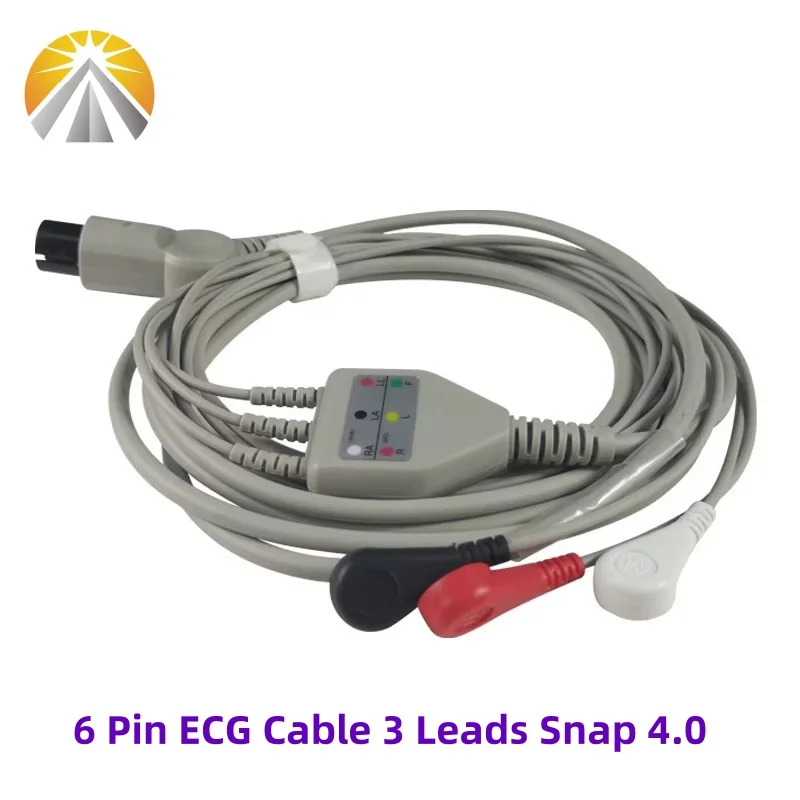 AAMI 6 Pin 3 Leads ECG Cable One Piece Snap 4.0 AHA Standard for Multi Brand Patient Monitor Mindray Carewell Edan Biolight CSI