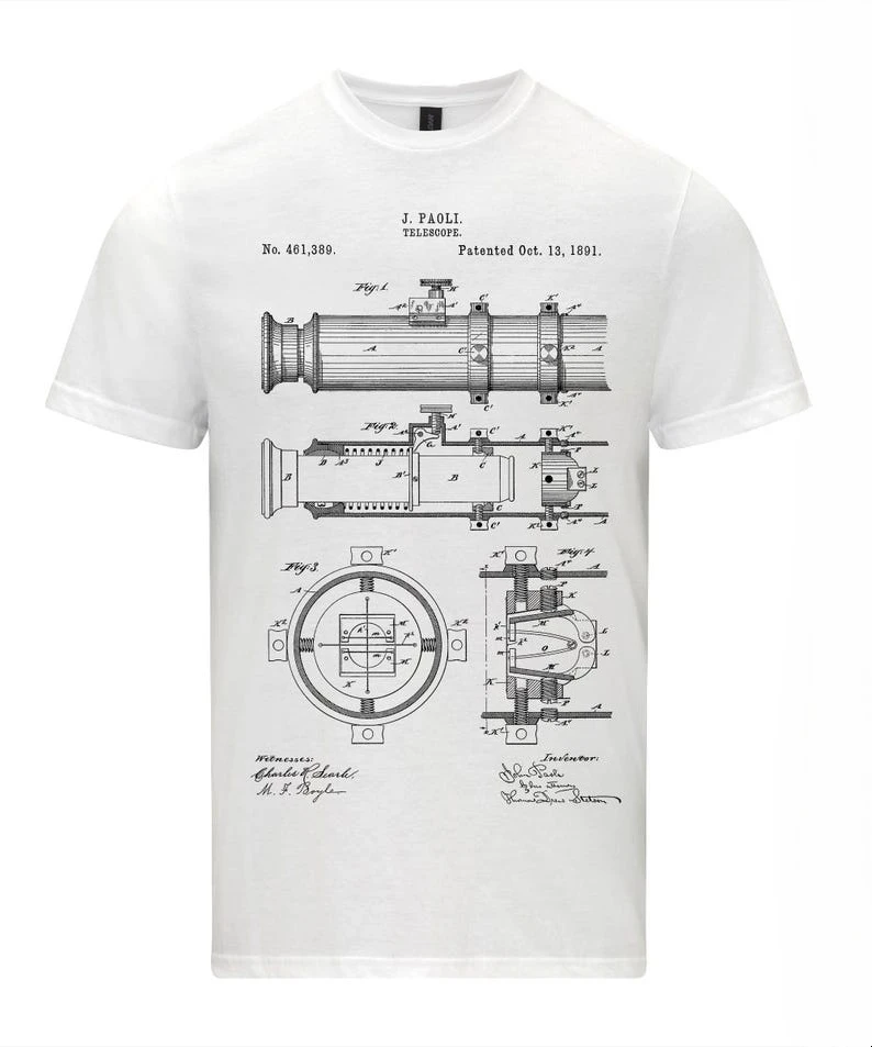 

Telescope 1891 Patent Blueprint T-shirt Astronomy Shirt Personality High Quality Print Men's and Women's Street Short Sleeve Top