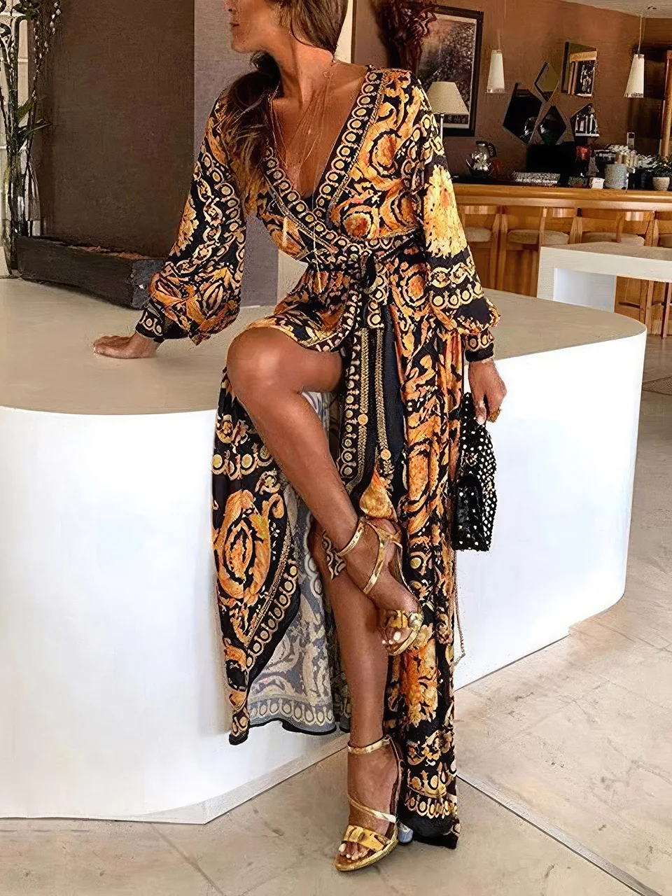 

2023 Bohemian Plus Size Beach Dress Self Belted Long Sleeve Dresses Women Summer Sexy Swimsuit Cover-ups Kimono Female Clothing