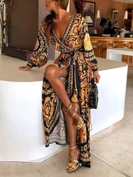 2023 Bohemian Plus Size Beach Dress Self Belted Long Sleeve Dresses Women Summer Sexy Swimsuit Cover-ups Kimono Female Clothing