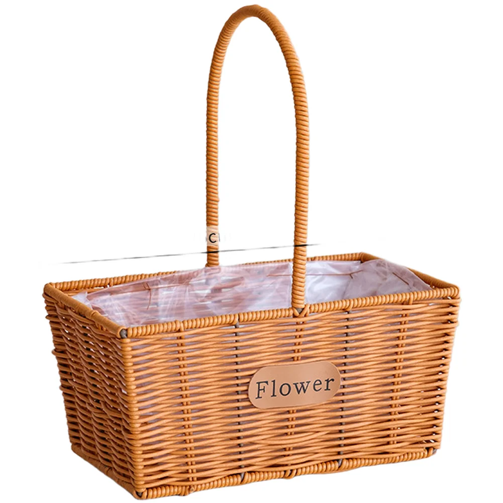 Rustic Handwoven PE Rattan Flower Basket for Indoor Outdoor Use Garden Picnic Decor Storage with Moisture Proof Liner