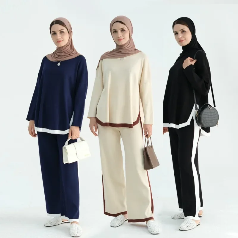 

Ramadan Knitted Sweater Plain 2 Piece Muslim Set Woman Muslim Abaya Set Top Pant Modest Islam Caftan Robe Femme Musulmane Kaftan