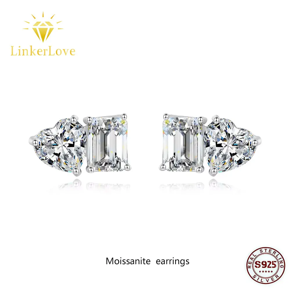 LinkerLove 925 Silver 4CT Moissanite Stud Earrings Heart/Emerald Cut Toi et Moi 2 Stones Earrings for Women Wedding Fine Jewelry