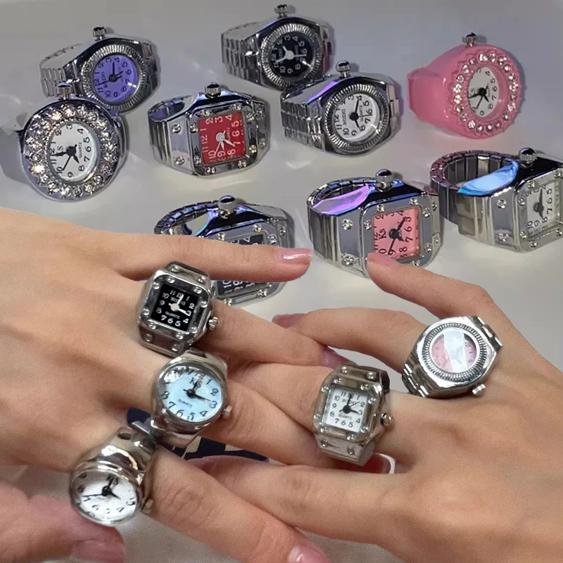 Fashion Mini Quartz Watch Clock Finger Rings for Men Women Stainless Steel Elastic Strap Punk Couple Roman Ring Jewelry Gifts