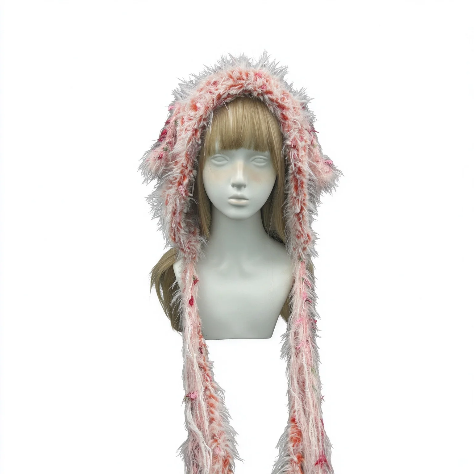 Handmade Pink Lamb Sheep Ear Hood Hat Women Custom Crochet Kawaii Fuzzy Knit Beanie Girl Winter Lolita Fairycore Sweet Cap Lady