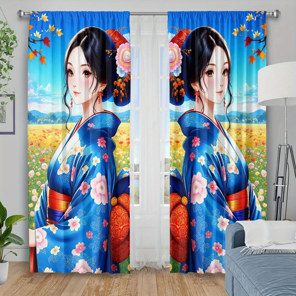Japanese Girl Curtain, Geisha Kimono Print Drapes, Floral Art Window Curtains, Asian Style Bedroom Decor
