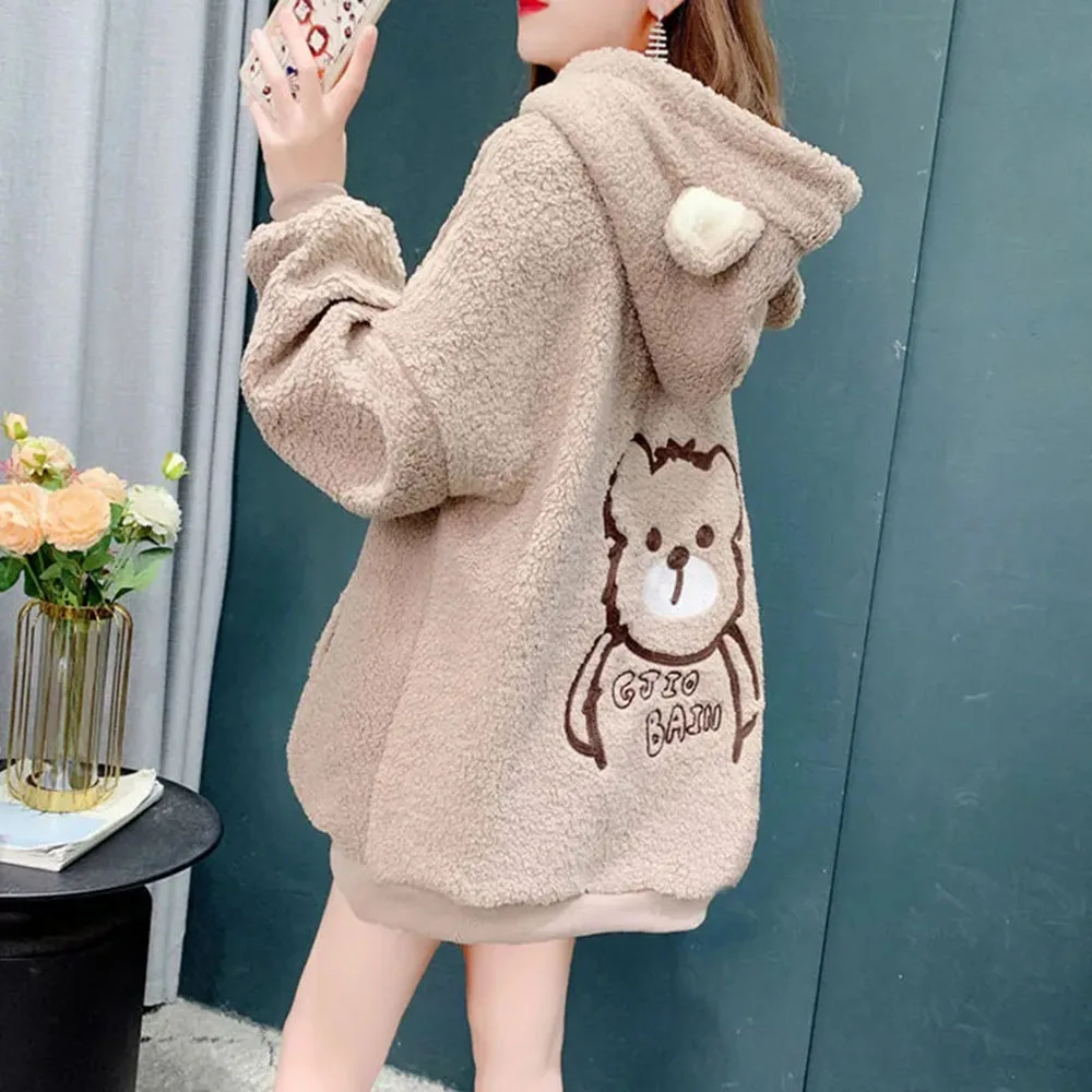 Autumn Winter Lamb Hoodies Women Kawaii Plush Sweatshirt Jacket Casual Warm Hooded Ear Female Cute Bear Print Sweatshirts Coats