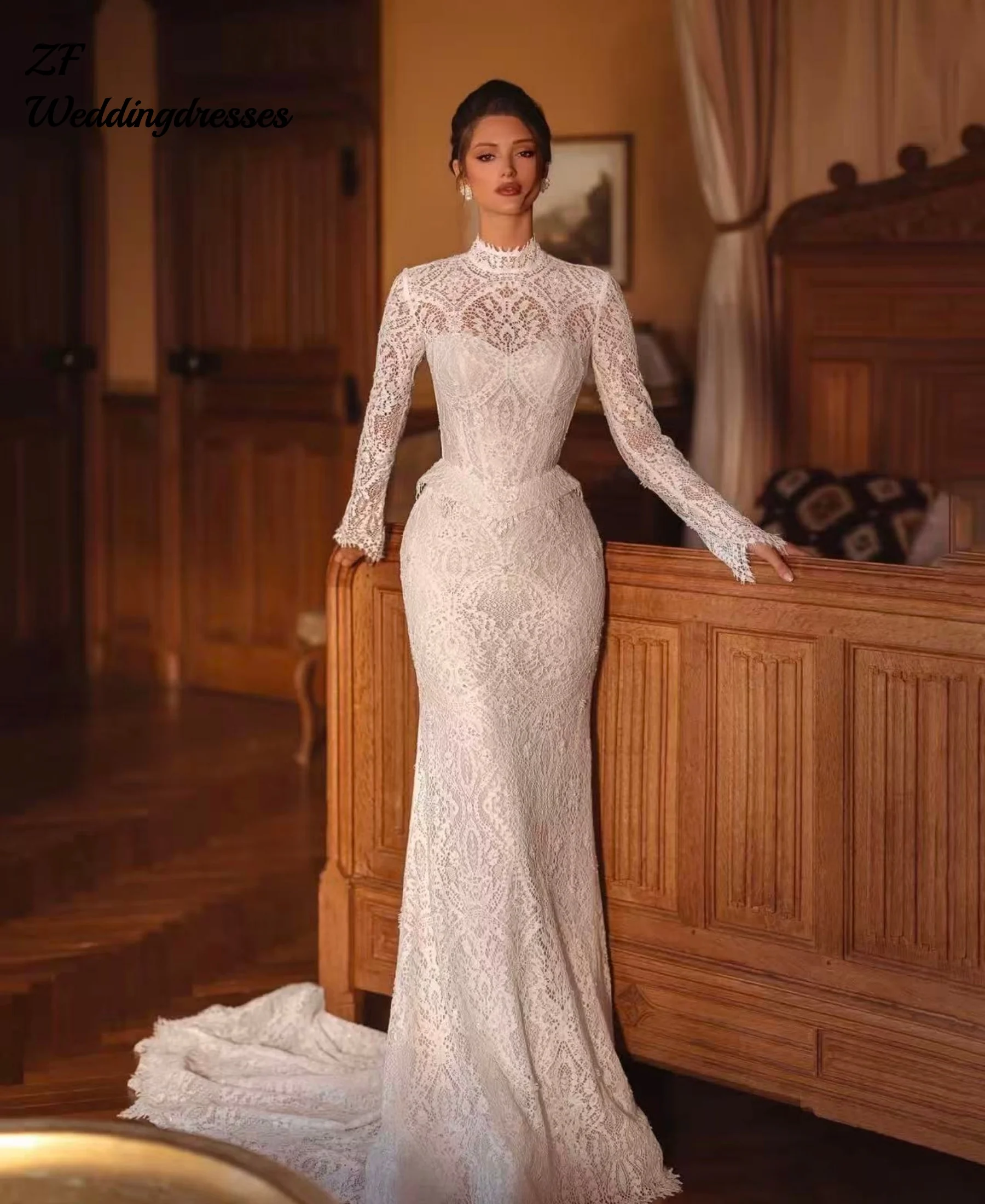 

Customized New Beaded Lace Long Wedding Dress Modest High Collar Bridal Gown Graceful Mermaid Dresses For Bride Vestido De Noiva