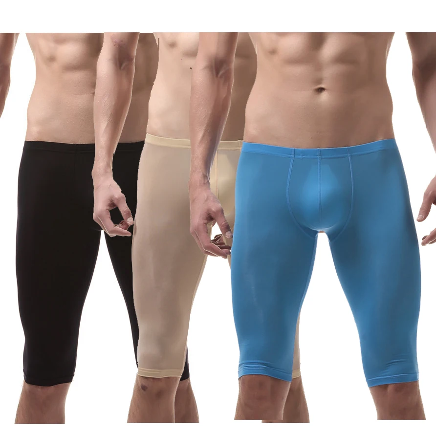 Men Underwear Ice Silk Leggings Elasticity Tight Translucent Pouch Sexy Shaping Thin Sports Training Long Boxer Pants