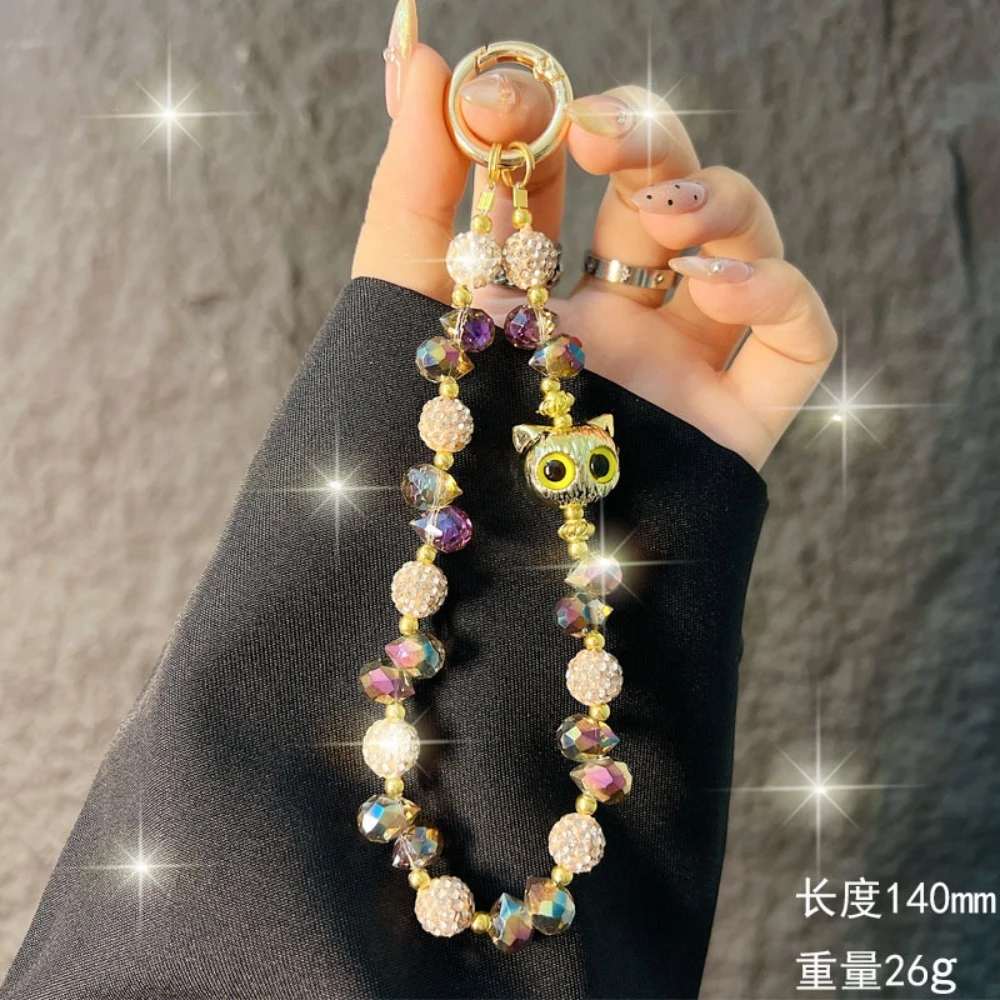 Luxury cat set diamond round bead crystal bead mobile phone chain, fashionable bag decoration, keychain