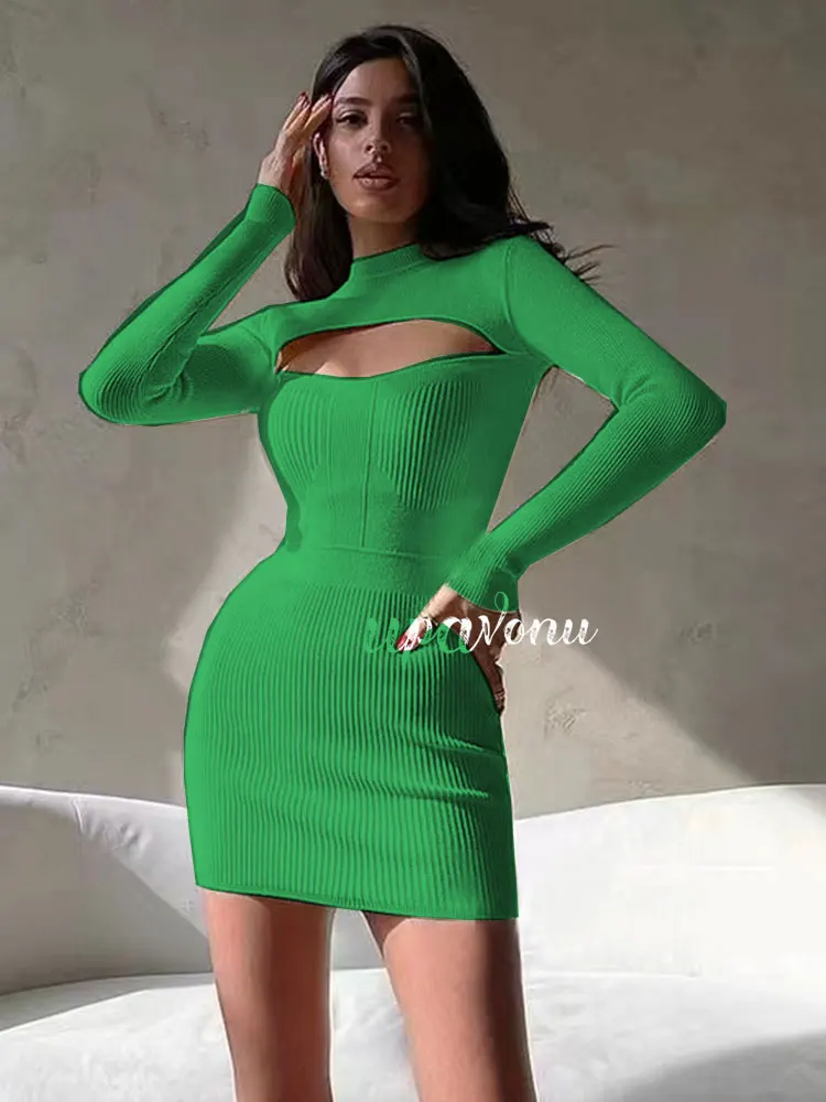 Vestido corto de punto para mujer, prenda de manga larga con cuello redondo, ceñido al cuerpo, a la moda, para fiesta de noche, verano, 2022, envío gratis