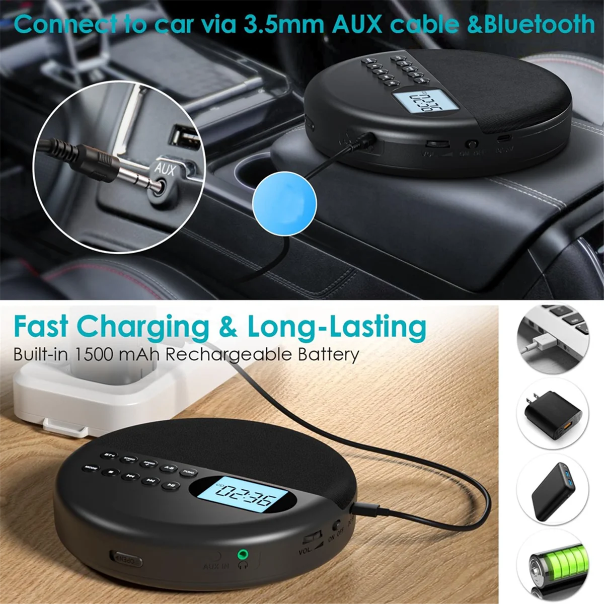 Portable CD Player, Bluetooth CD Player with Speakers Rechargeable CD Player ASP LCD Display with AUX Cable for Car