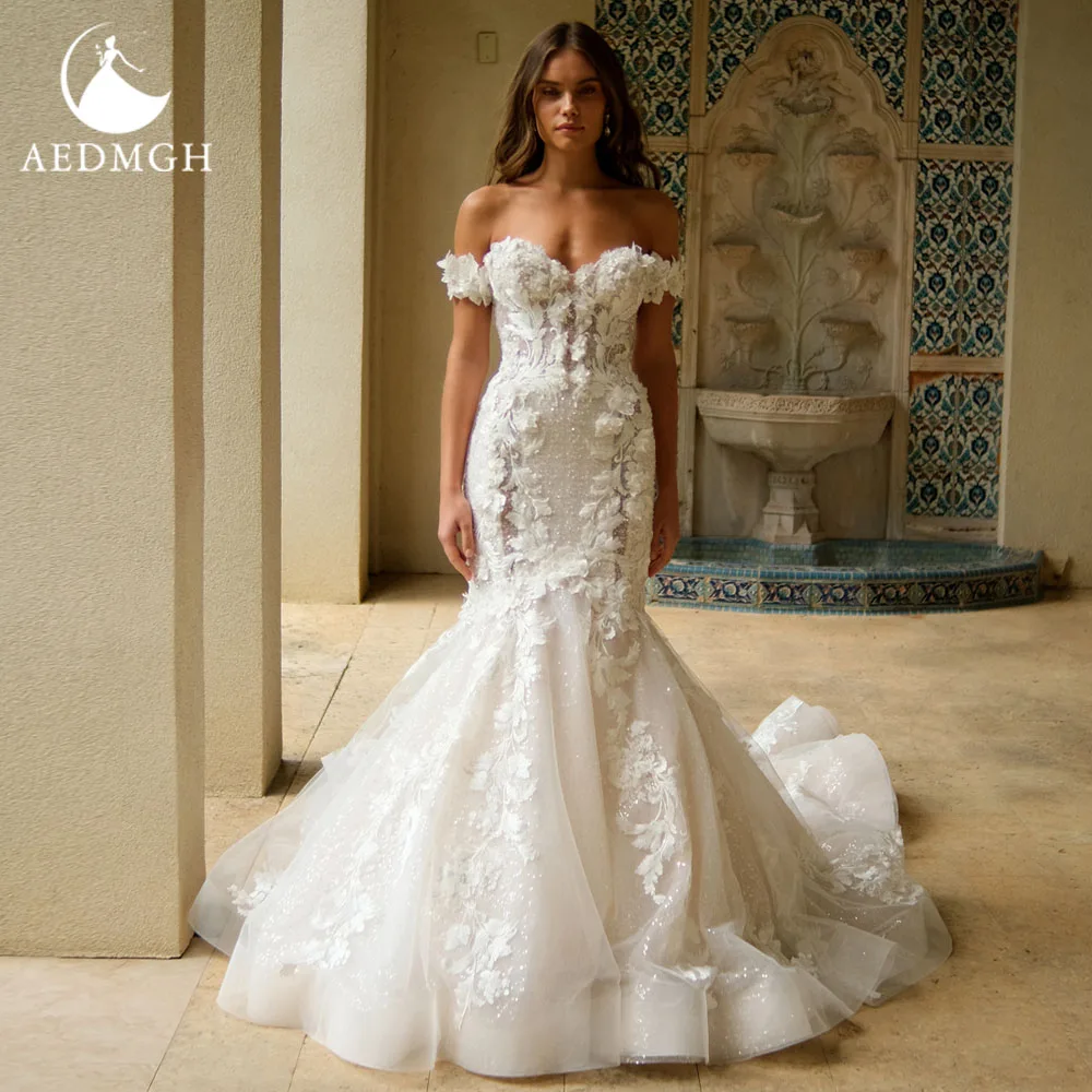 

Aedmgh Mermaid Sexy Wedding Dresses Off The Shoulder Backless Vestido De Novia Lace Appliques 3D Flowers Custom Made Bridal Gown