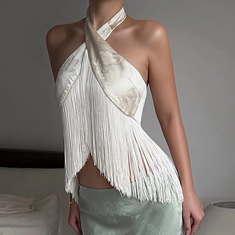 French Tassel Splice Exposed Navel Slim Tees Trendy Solid Off Shoulder Irregular Blouses Sexy Hang Neck Backless Club Party Top