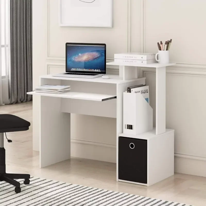 Wooden gaming table with pull-out keyboard tray and side rack, minimalist design, assembled computer workstation with storage