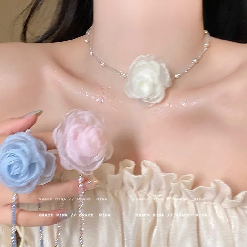 Choker Necklace Camellia Flower Beaded Elegant Lightweight Resin Romantic Style Daily Wear Jewelry for Women Gift