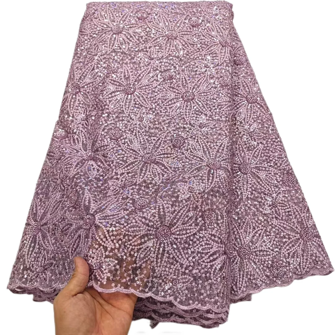 

Pure Color Sequined Lace Nigerian Lace Fabrics 5 Yards New Sequence Lace Fabric 2025 High Quality Elegant Woman Party Dress Sew
