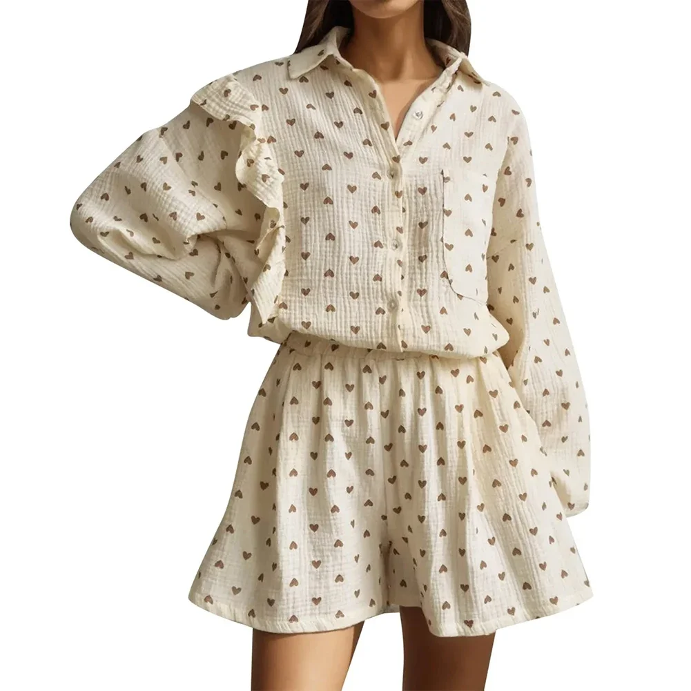 

Casual Home Suits Fashion Shirt And Short Set Long Sleeve Shirt Love Heart Pattern Slight Stretch For Lounging