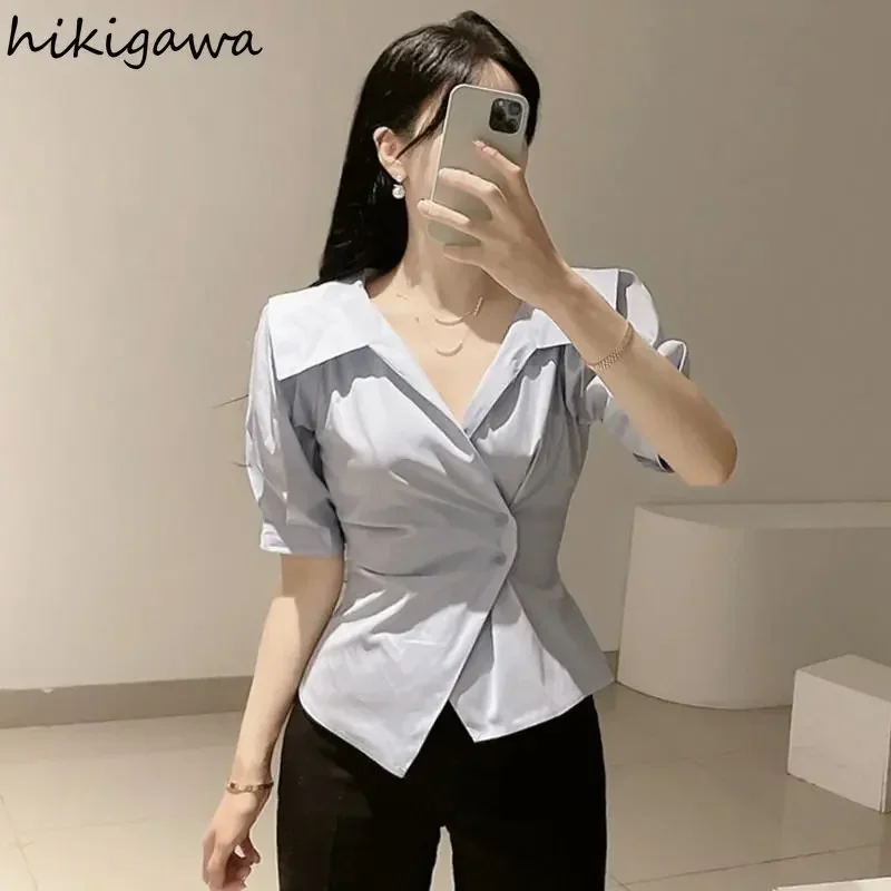 Korean Chic Blouse Women 2023 Blusas Mujer De Moda Slim Waist Irregular Vintage Shirts Summer Slim Fit White Crop Tops 27p600