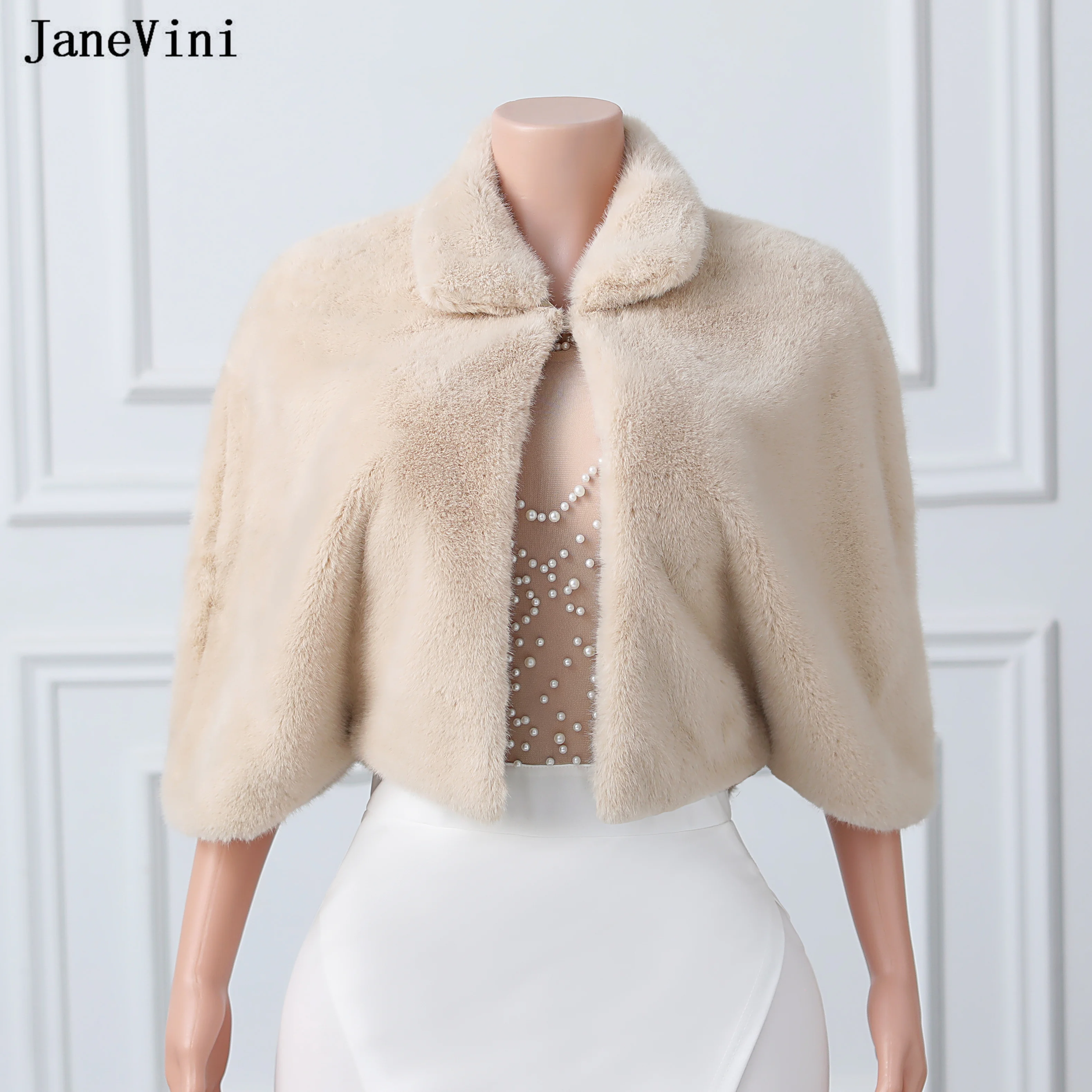 JaneVini Elegant Bridal Faux Fur Wrap Shawl Winter Wedding Bolero Warm Outerwear Light Khaki Jacket Women Prom Party Cape Claok