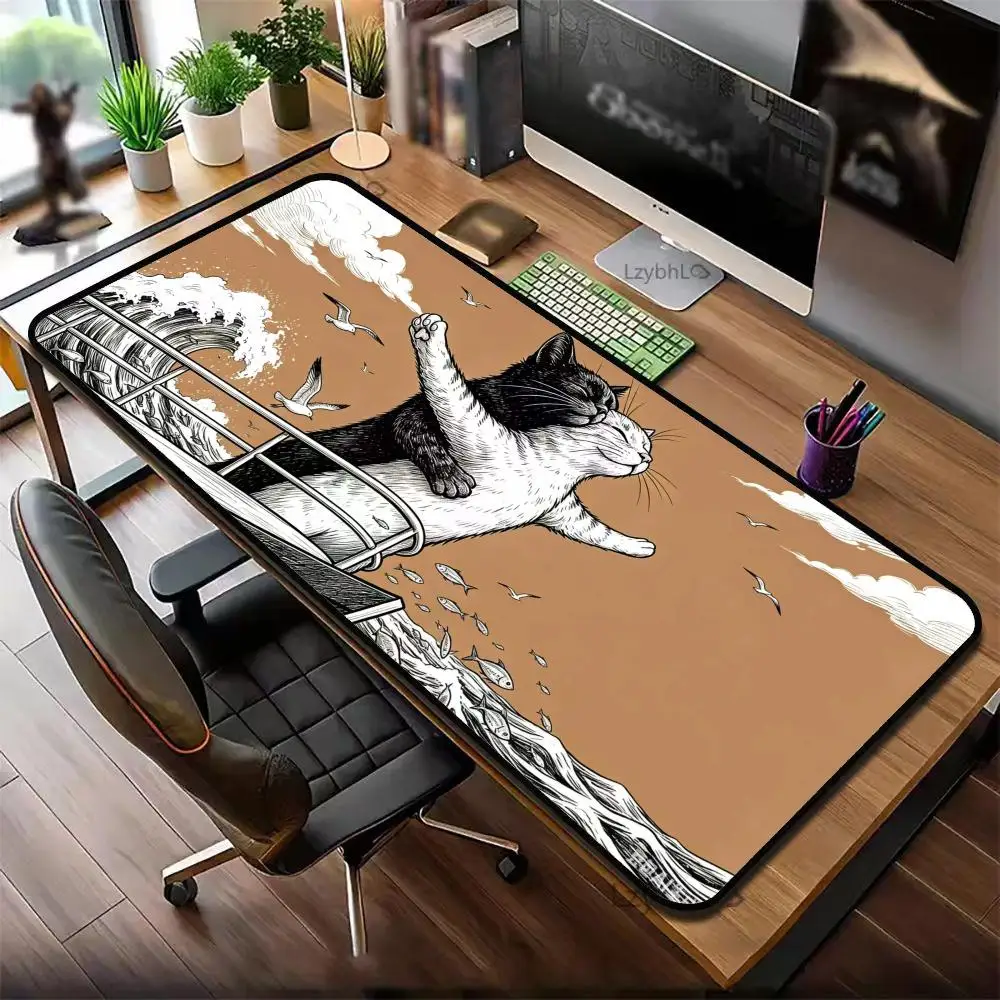 Funny Black White Cat Extended Mouse Pad, Non-slip Desk Mat for Office Home