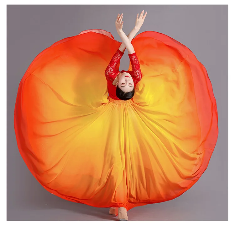 Women's 360-720 Degrees Big-hem Dance Skirts Gradient Color Chiffon Maxi Skirts Elastic-waist Elegant Square Dance A-line Skirts