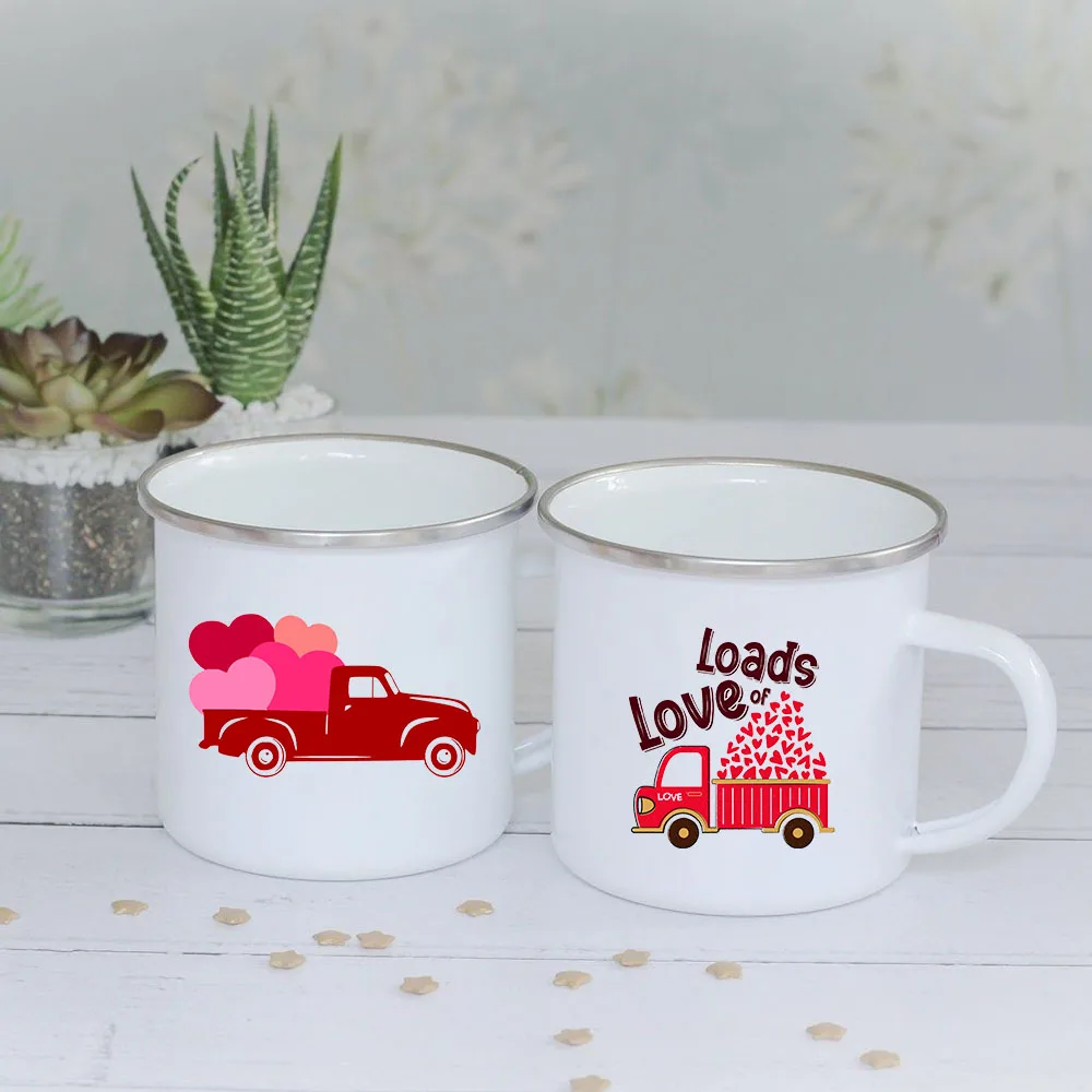 

Cartoon Red Truck Love Heart Enamel Mugs Couples Breakfast Milk Oat Cocoa Cups Friend Party Beer Drink Mug Valentine's Day Gifts