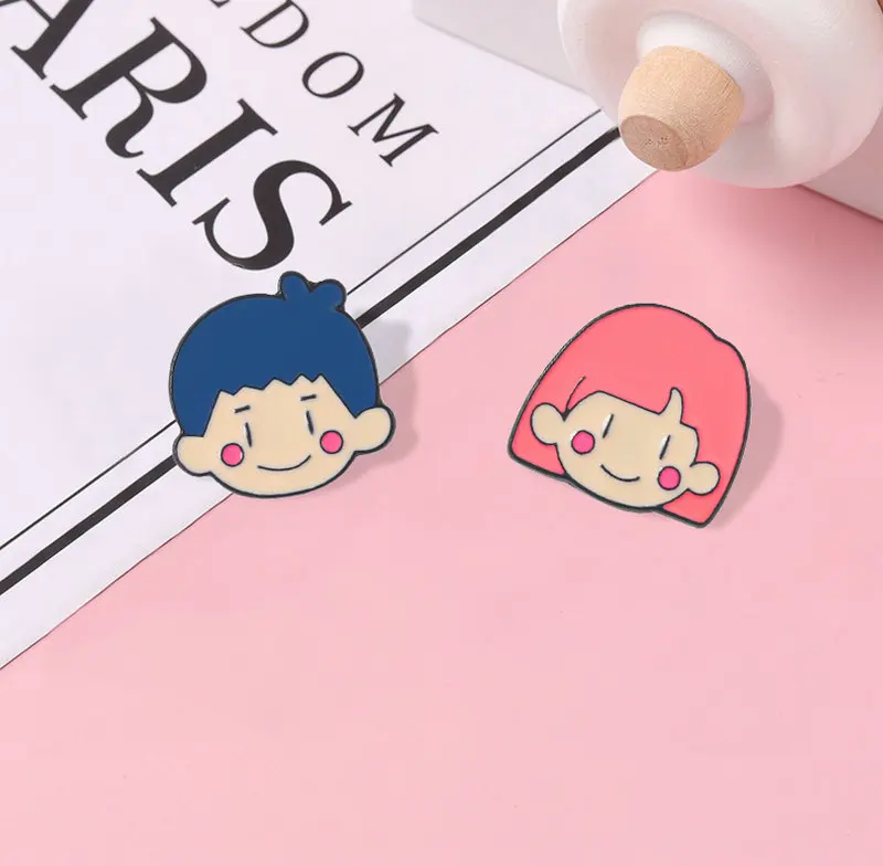 

Boy and Girl Enamel Pins Custom Lovers Chibi Cute Kawaii Brooches Lapel Badges Cartoon Jewelry Gift for Kids Friends