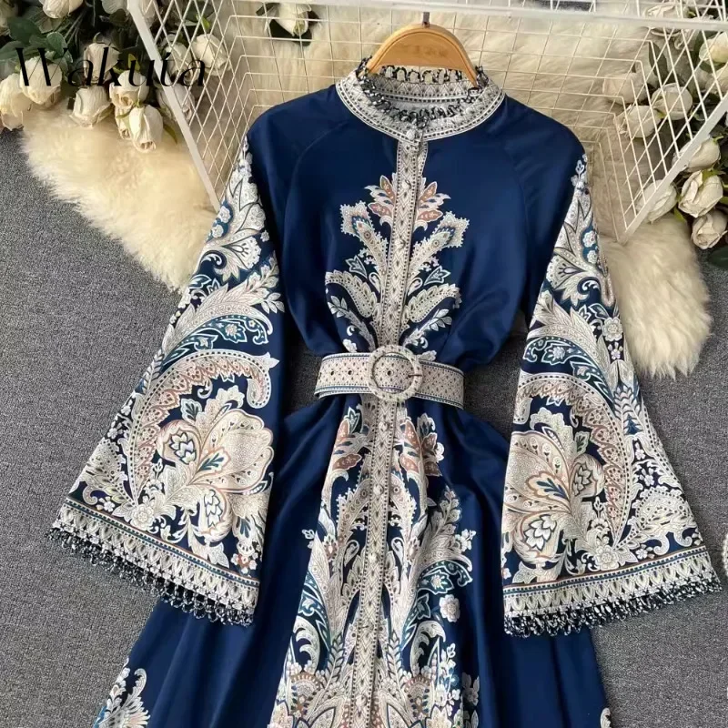 WAKUTA Russian Vintage Round Neck Flared Sleeve Printed Dress Single Breasted Belt Hem Irregular Pleated Vestido Elegante Mujer